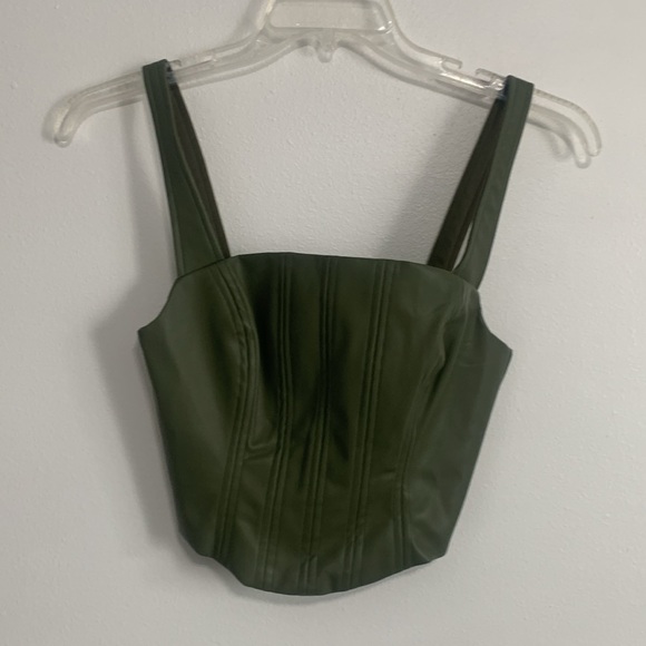 Olive Green Corset Crop Top ~ faux leather bustier, halter, tank top - Picture 2 of 4